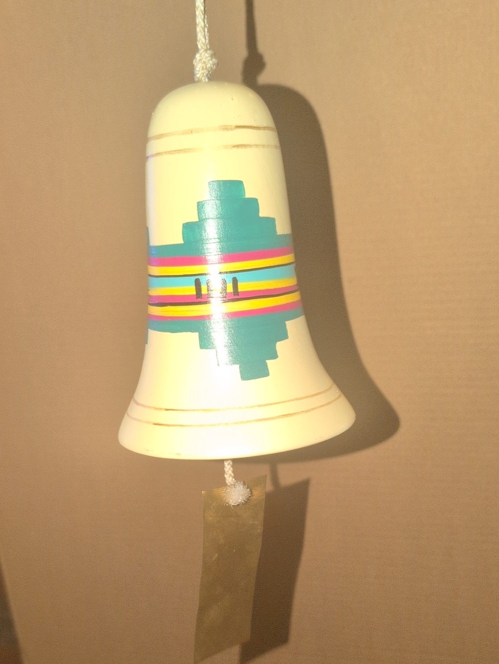 Tesa Cream Ceramic Decorative Bell with Teal Southwestern Stripe